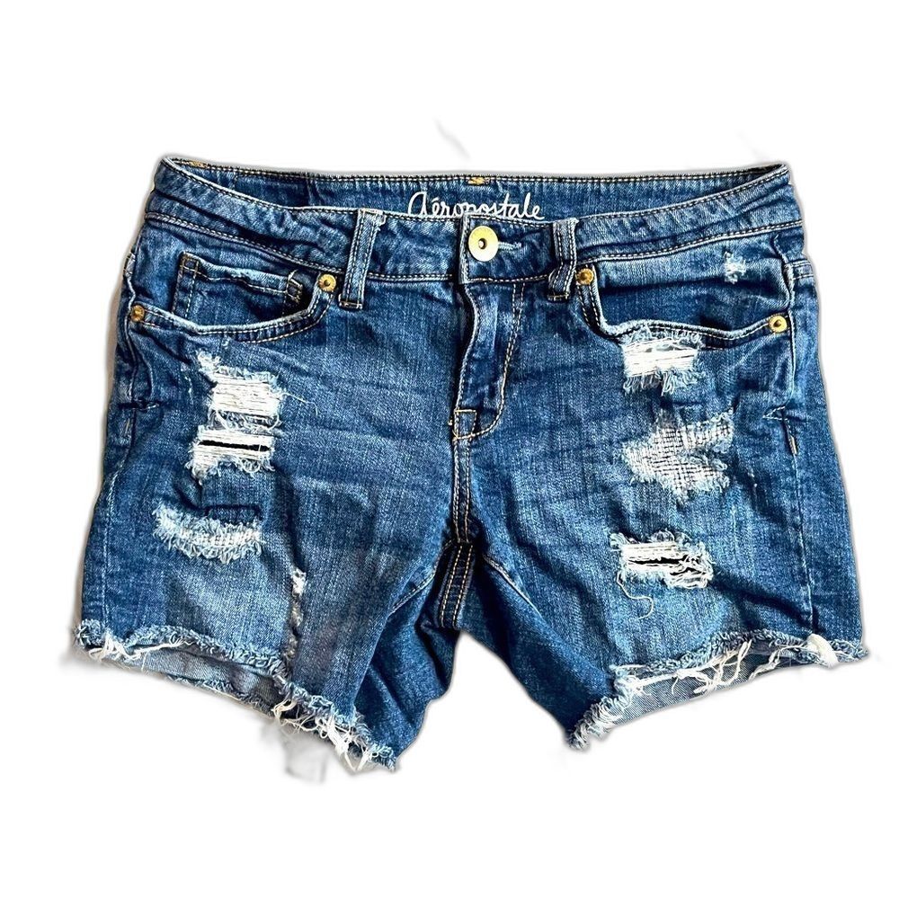 Aeropostale Women's Distressed Blue Denim Midi Cutoff Shorts Size 2
